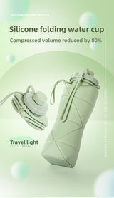 Green Portable Food Grade Silicone Collapsible Sports Water Bottle 600ML - Folding down 80% , Low High Temperature Resistant