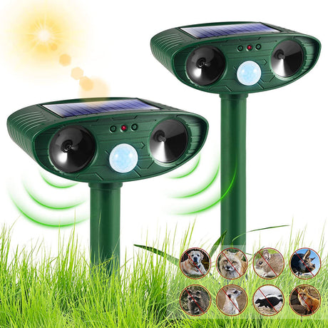 Classic Solar Powered Animal Repeller - PIR Sensor, Ultrasonic & Flashing Light Deterrent for Cats, Dogs, and, Solar Powered