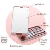 Pink Portable LED Makeup Mirror with Lights & Brushes (9x2.5x16CM) - Mini Foldable Desktop Vanity Mirror with Dual Color Temperature - Side View