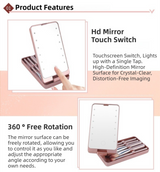 Pink Portable LED Makeup Mirror with Lights & Brushes (9x2.5x16CM) - Mini Foldable Desktop Vanity Mirror with Dual Color Temperature - 45-Degree Angle