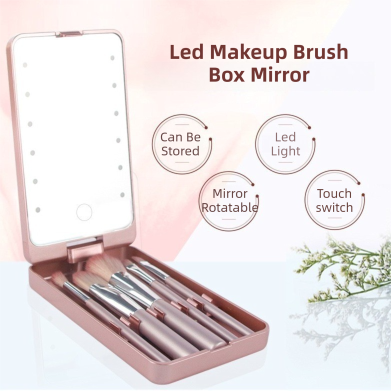 Black Portable LED Makeup Mirror with Lights & Brushes (9x2.5x16CM) - Mini Foldable Desktop Vanity Mirror with Dual Color Temperature