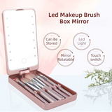 Black Portable LED Makeup Mirror with Lights & Brushes (9x2.5x16CM) - Mini Foldable Desktop Vanity Mirror with Dual Color Temperature