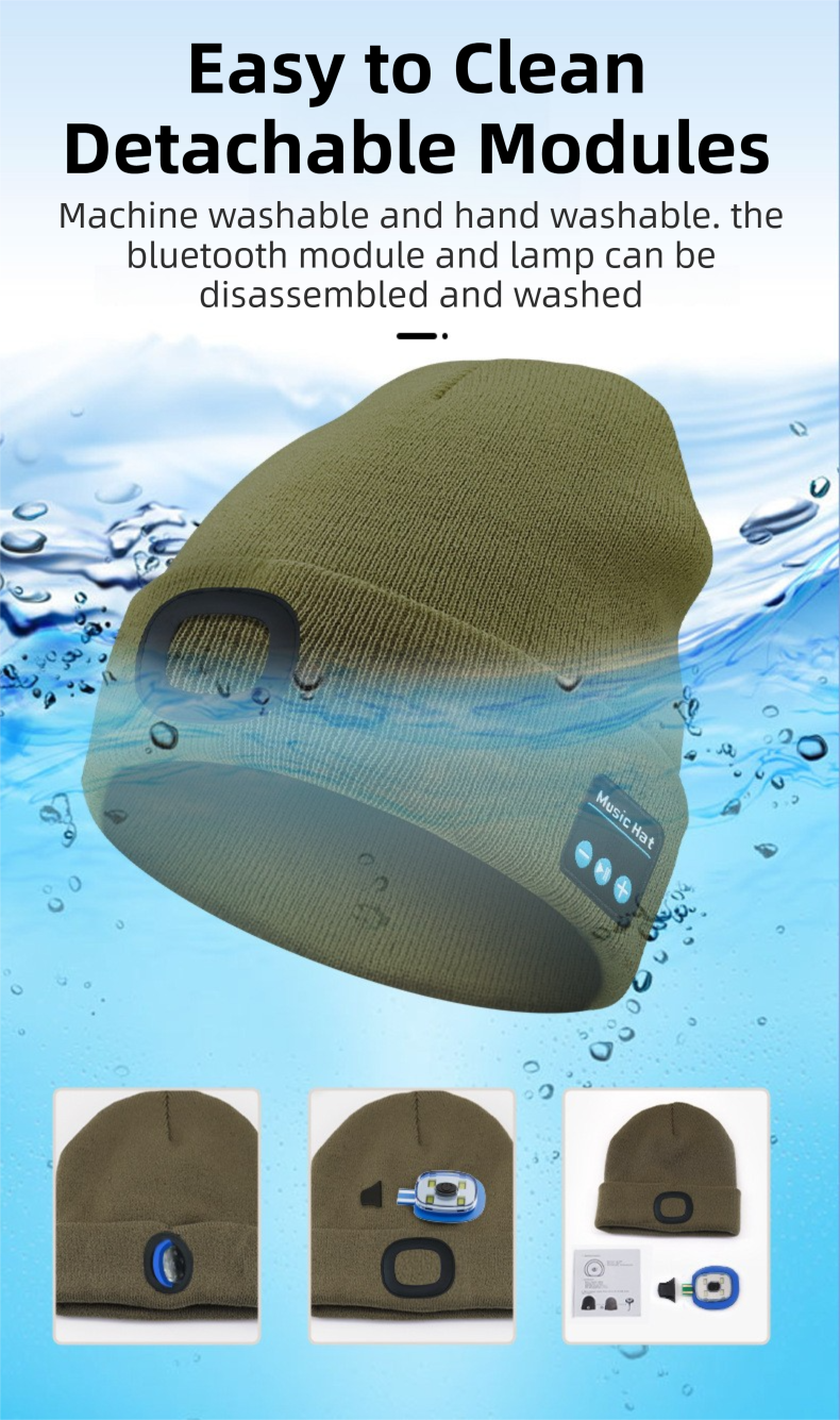 Light Grey Removable LED Bluetooth Headphone Beanie - Washable Knit Hat with 3-Level LED Illumination & Stereo Sound, USB Rechargeable