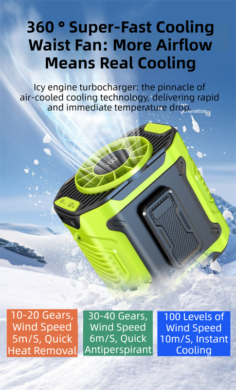 Orange Portable Waist Fan - Construction Site Cooling Solution with 360° Turbo Ice Engine, 100 Speed Gears, and LED Light