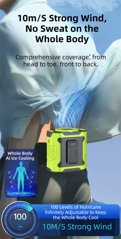 Orange Portable Waist Fan - Construction Site Cooling Solution with 360° Turbo Ice Engine, 100 Speed Gears, and LED Light