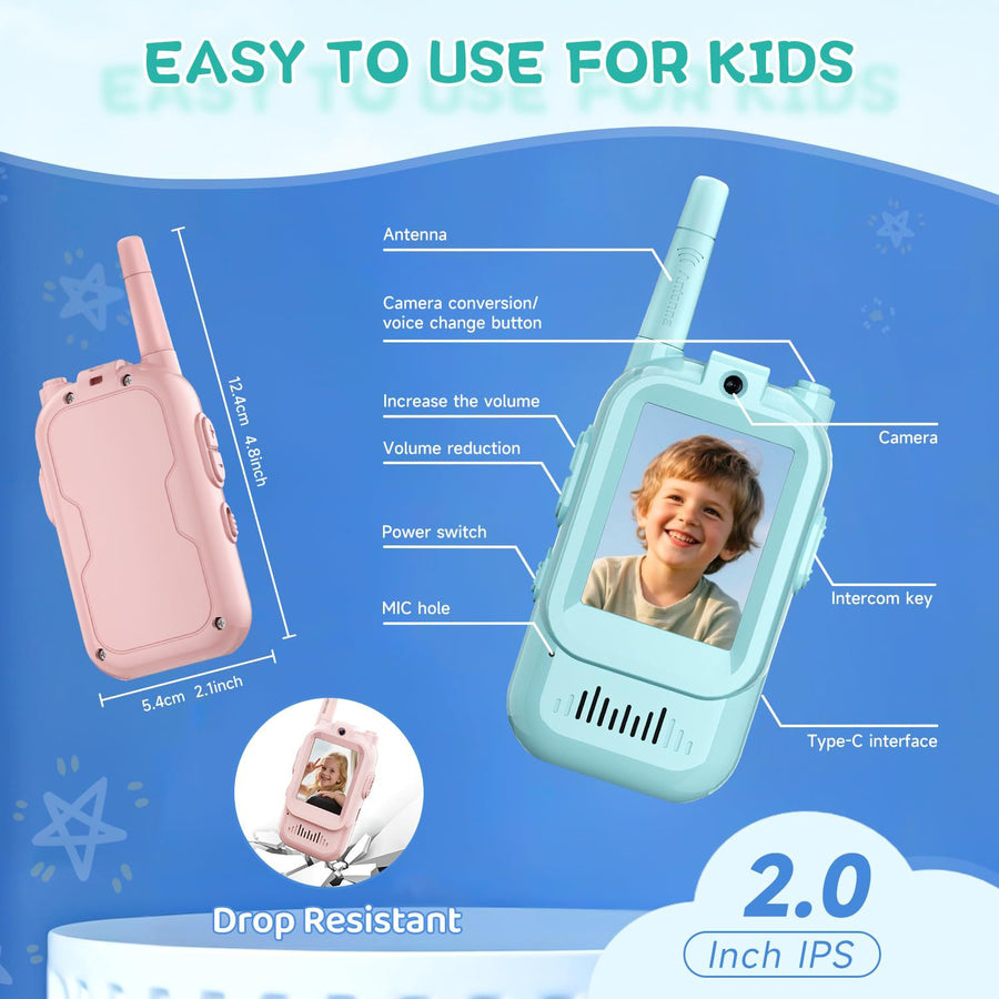 2-Pack Mini Wireless Video Intercom Set for Children(Blue) - Educational and Interactive Dual-Frequency Walkie Talkie Toy for Playtime
