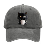 Grey Washed Cotton Baseball Cap with Cat Print - Spring/Summer Casual Adjustable Unisex Couple Sun Hat