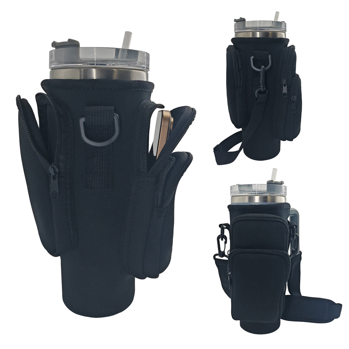 40oz Black Insulated Tumbler Carrier Sleeve with Adjustable Shoulder Strap - Neoprene Triple-Pocket Holder for Outdoor and Car Use
