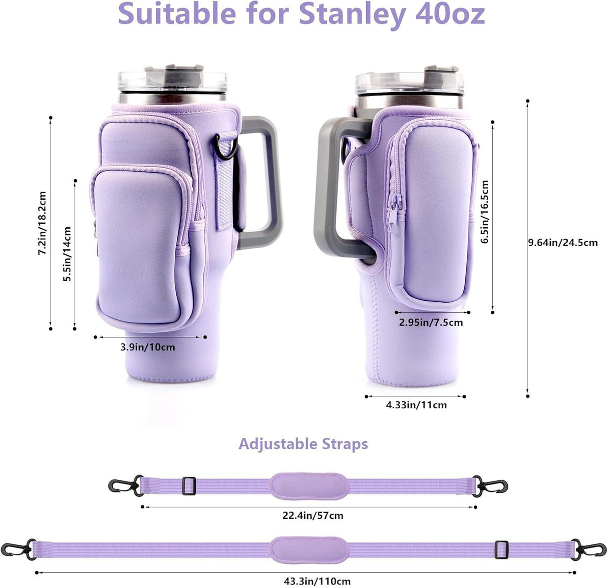 40oz Black Insulated Tumbler Carrier Sleeve with Adjustable Shoulder Strap - Neoprene Triple-Pocket Holder for Outdoor and Car Use