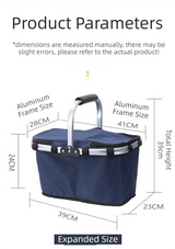 Red Foldable Insulated Picnic Basket With Zipper Lid & Handle - Modern Minimalist Large Capacity Thermal Shopping Basket for Grocery, Camping, and Meal Delivery