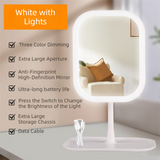 Portable LED Makeup Mirror with Integrated Fill Light & Storage Chassis - 360°Rotatable High-Definition Stylish Tabletop Vanity Mirror(White)