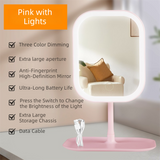 Portable LED Makeup Mirror with Integrated Fill Light & Storage Chassis - 360°Rotatable High-Definition Stylish Tabletop Vanity Mirror(Pink)