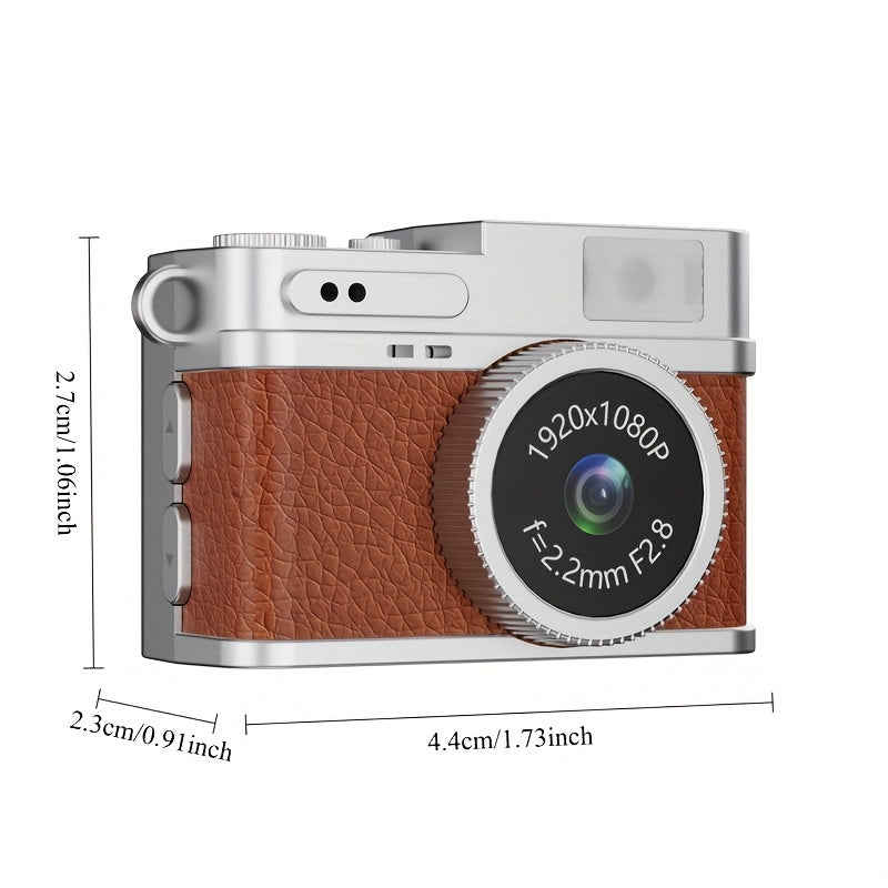 Retro Style Ultra-Mini Thumb Cam for Vlogging (Brown) - Portable Digital Photo & Video Recorder with 32GB Memory Card & 0.96" Screen, Free Wearable Keychain & Necklace