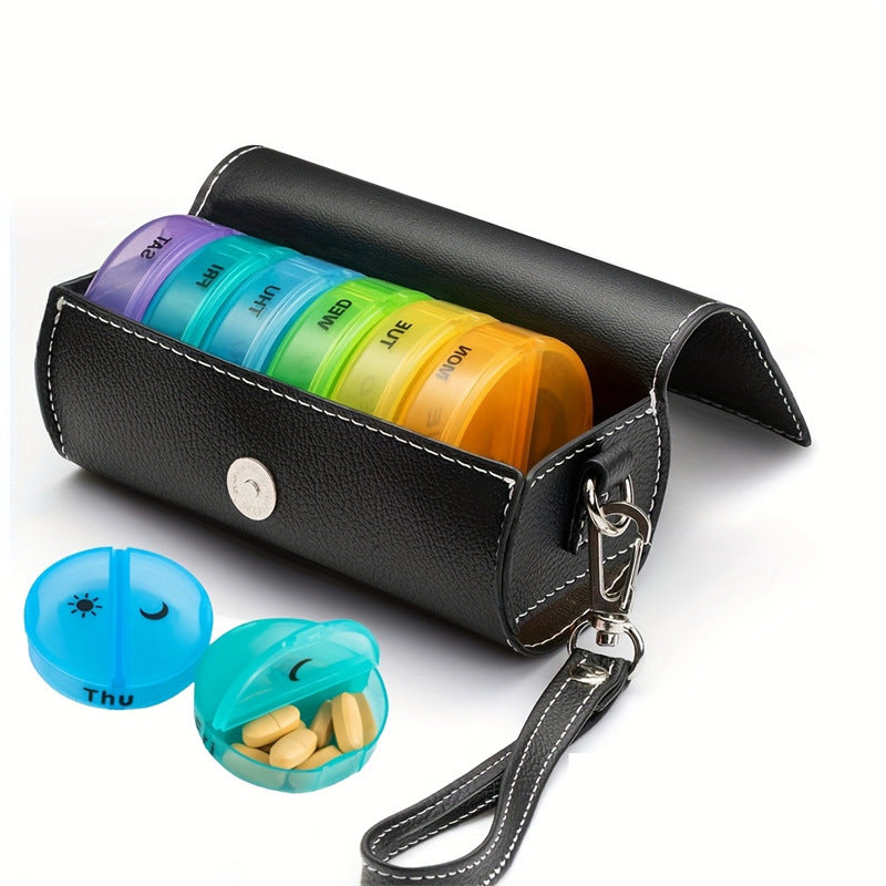 Portable 7-Day Weekly Travel Pill Organizer with Black PU Leather Pouch - 14 Colorful Compartments AM/PM Medication Planner, Dustproof & Light-Shielding