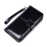 Black Women's Long Buckle Closure Wallet - PU Lether Large Capacity Multi-Slot Card Holder & Purse Combo wIth Wristband