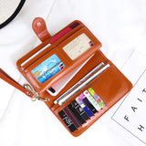 Brown Women's Long Buckle Closure Wallet - PU Lether Large Capacity Multi-Slot Card Holder & Purse Combo wIth Wristband - Front View