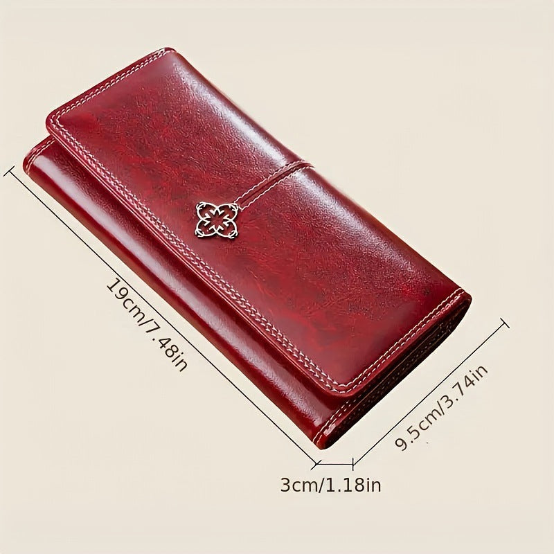 Red Women's Vintage Oil Wax Leather Long Wallet - Elegant Large Capacity Purse with Secure Zipper