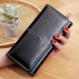 Black Women's Vintage Oil Wax Leather Long Wallet - Elegant Large Capacity Purse with Secure Zipper