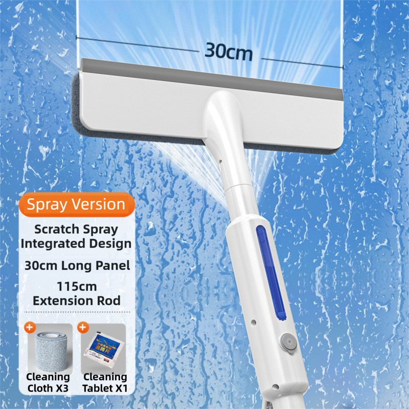 3-in-1 Spray Window Squeegee with 30cm Clean-Panel & 115cm Extension Pole - Multi-functional Spray, Scrub & Squeegee Tool with 3 Microfiber Cloths