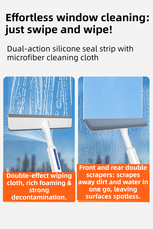 3-in-1 Spray Window Squeegee with 30cm Clean-Panel & 115cm Extension Pole - Multi-functional Spray, Scrub & Squeegee Tool with 3 Microfiber Cloths