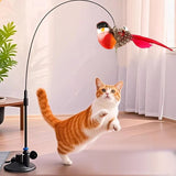 Interactive Self-Play Cat Wand with Suction Base - Automatic Bouncing Teaser Including Bell & 3 Bird Attachments(Red) - Top-Down View