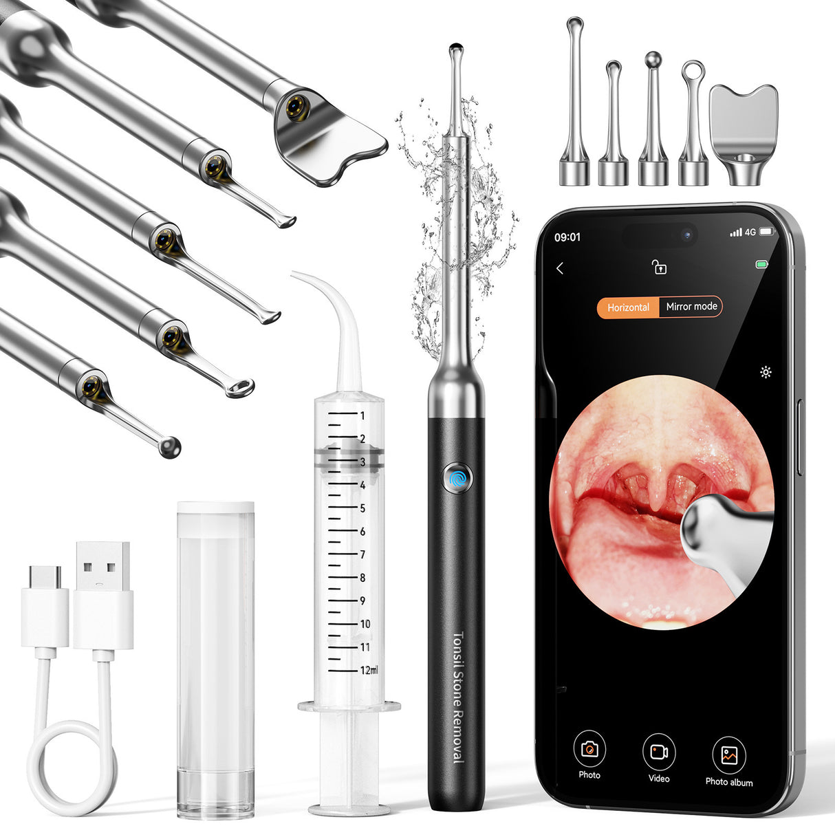 White Wireless Visual Ear Wax & Tonsil Stone Remover with HD Endoscope Camera - 2-in-1 Oral & Ear Care Cleaner for iOS & Android