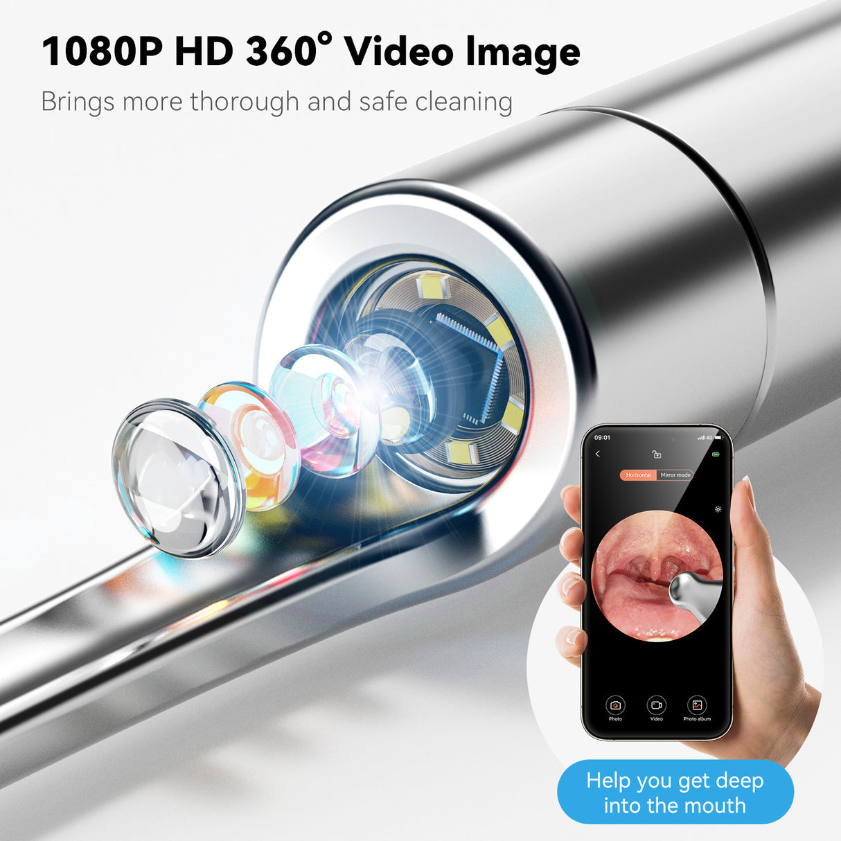 White Wireless Visual Ear Wax & Tonsil Stone Remover with HD Endoscope Camera - 2-in-1 Oral & Ear Care Cleaner for iOS & Android