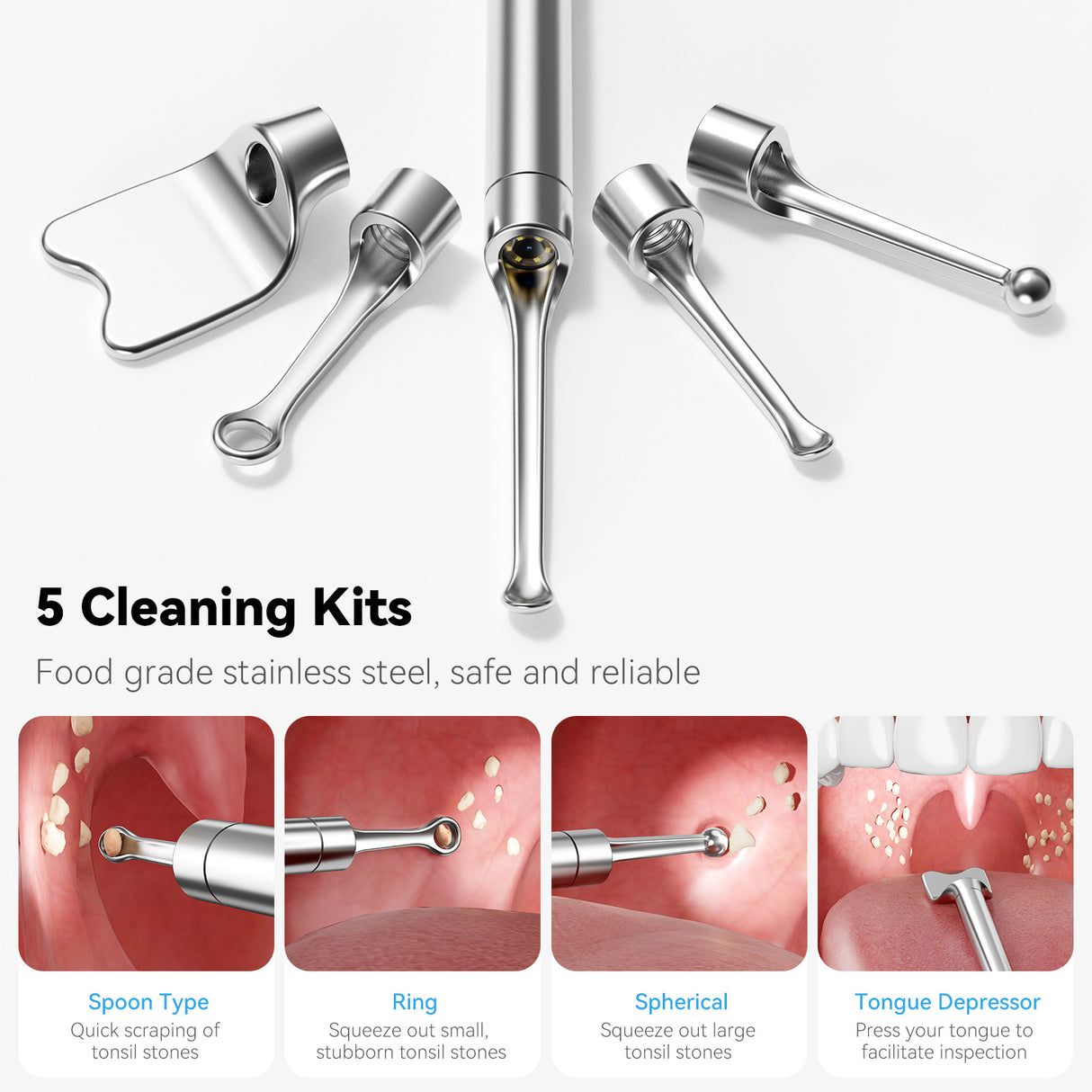 White Wireless Visual Ear Wax & Tonsil Stone Remover with HD Endoscope Camera - 2-in-1 Oral & Ear Care Cleaner for iOS & Android