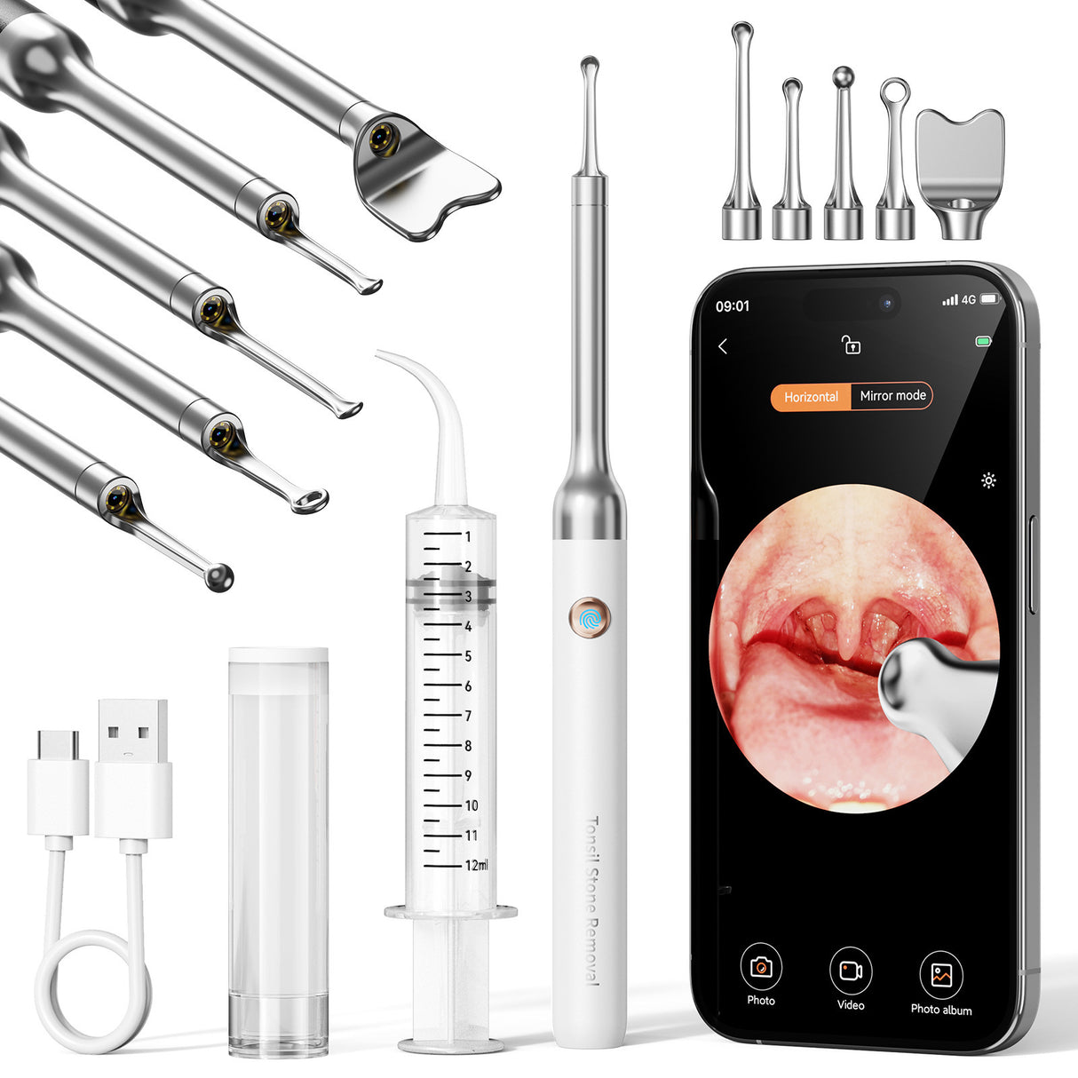 White Wireless Visual Ear Wax & Tonsil Stone Remover with HD Endoscope Camera - 2-in-1 Oral & Ear Care Cleaner for iOS & Android