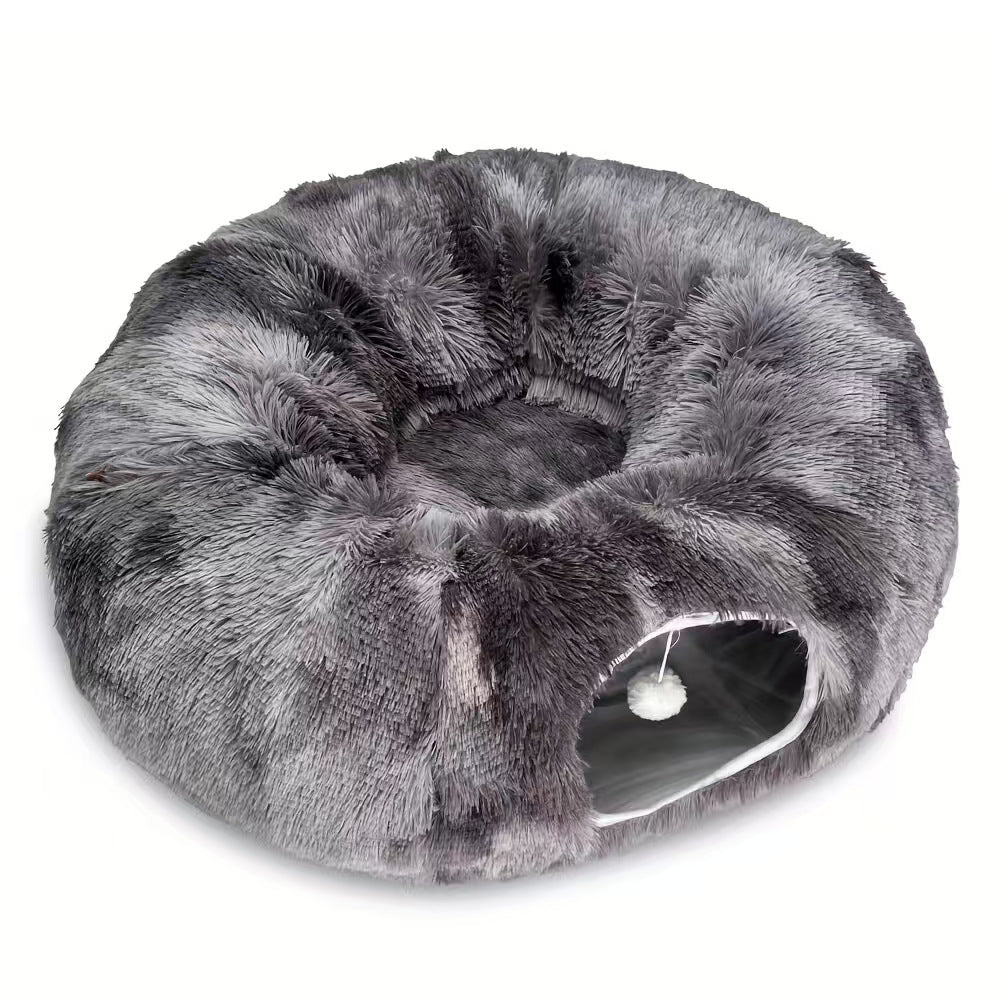 2-in-1 Dark Grey Tie-Dye Donut-Shaped Cat Tunnel Bed -  Spacious 85cm Pet Play Tunnel & Lounger, Durable Fabric for Cats & Kittens