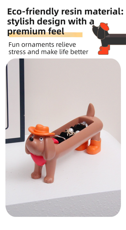 Brown Resin Dachshund Puppy Ring Earring Tray with Sponge Slots - Unique Dog Lover Gift