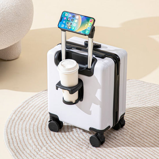 White 16 Inch Lightweight Carry-on Luggage for heights under 1.6m - Underseat & Overhead Cabin Hardside Suitcase with Cup Holder & Phone Stand