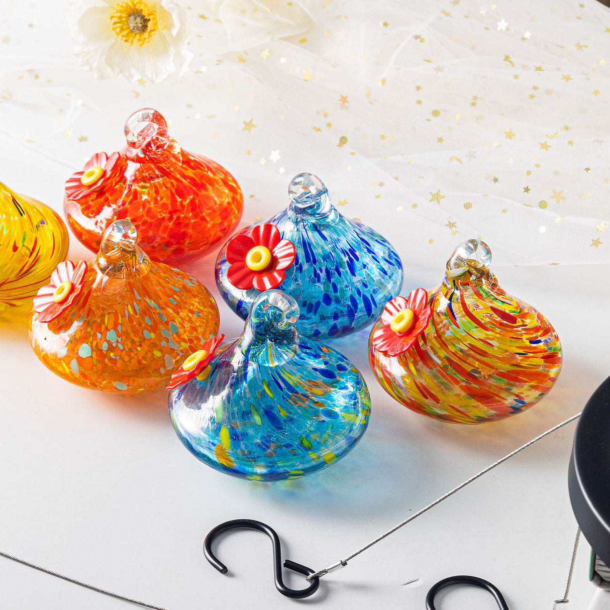 Outdoor Hand-Blown Glass Bird Feeder - 6-Color Durable Weather-Proof Bird Waterer, Includes Funnel & Hanging Plate