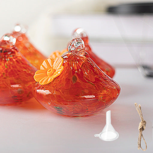 Outdoor Hand-Blown Glass Bird Feeder - Durable Weather-Proof Bird Waterer, Includes Funnel & Hanging Rope (Single - Red Dot)