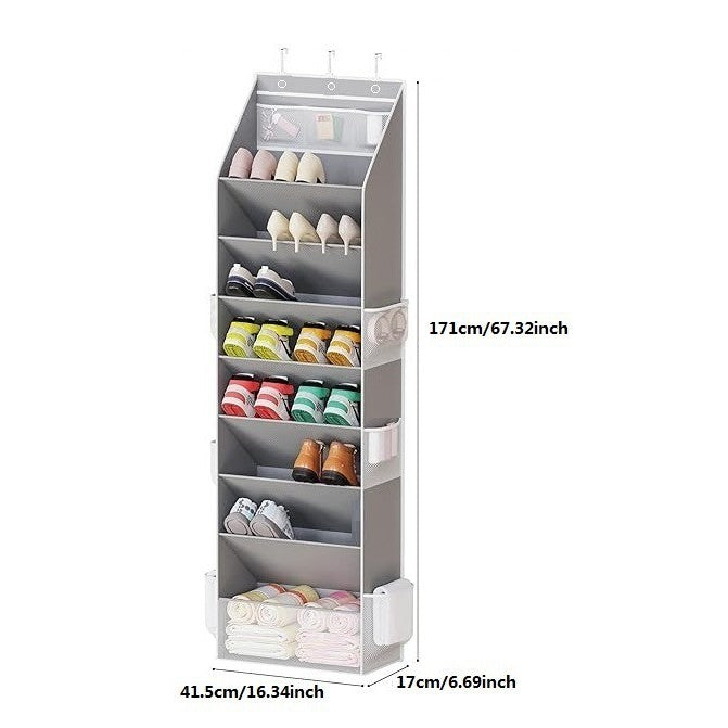 Black 8-Tier Over-the-Door Shoe Organizer with 7 Slanted & 1 Flat & 6 Side Pockets - Multi-Functional Wall Mount  for Shoes, Bags and Towels
