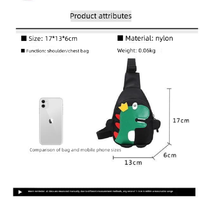 Black Kids Cartoon Dinosaur Chest Bag Cute Lightweight Nylon Crossbody Shoulder Pack for Toddlers Outings and Travel New Arrival Gift