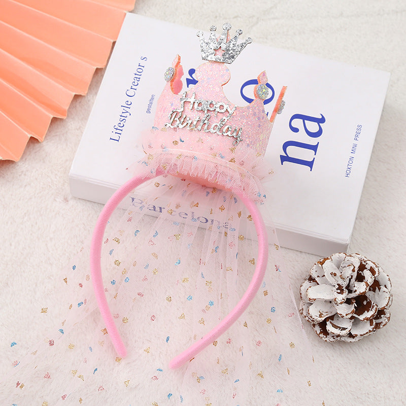 Pink 2-Pack Tulle Crown Headbands with "Happy Birthday" Sparkle Design for Kids – Princess Party Hair Accessories