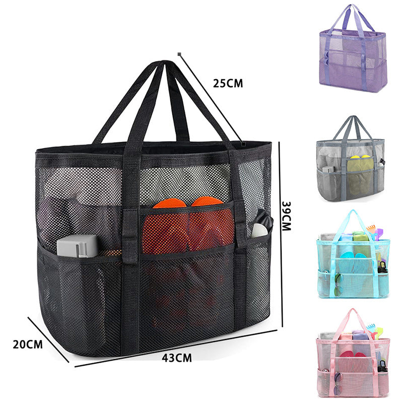 2-PCS Pink Mesh Beach Tote Bag – Large Capacity Swim Gear Organizer with Multiple Pockets for Shoes, Swimsuits, and Essentials