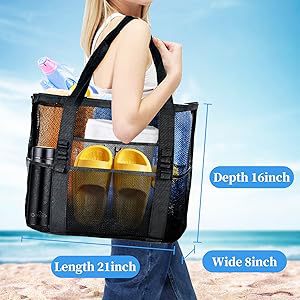 2-PCS Beige Mesh Beach Tote Bag – Large Capacity Swim Gear Organizer with Multiple Pockets for Shoes, Swimsuits, and Essentials