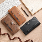 Dark coffee Vintage Men's Long Wallet Slim PU Leather Clutch with Multi Card Slots and External Zipper Pocket, Large Capacity Fashion Purse for Daily Use