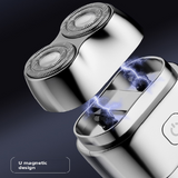 Silver Mini Electric Shaver with Dual Floating Heads Magnetic Suction and IPX5 Waterproofing for Men Travel Grooming Compact Rechargeable Razor AU Stock - Side View