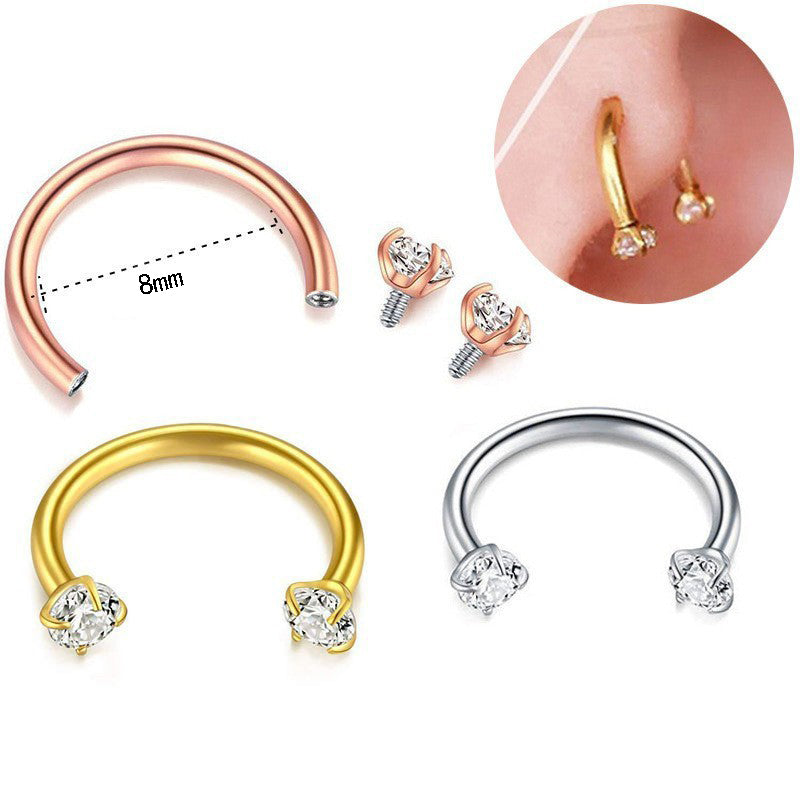 2-PCS Blue-violet G23 Titanium Horseshoe Ring with 5A Zircon Internal Thread for Nose Ear Lip Septum Piercing Hypoallergenic Jewelry for Local Trendsetters