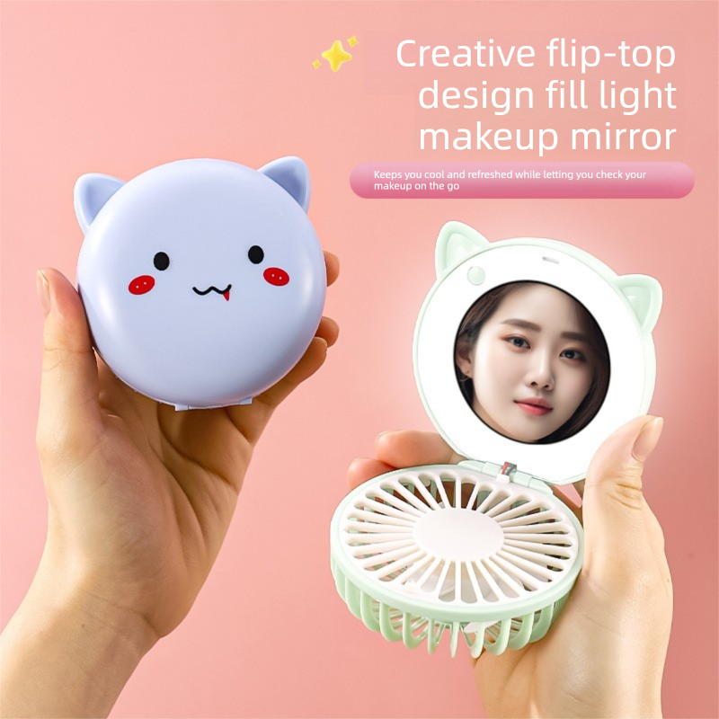 Pink 3-in-1 Mini Portable Fan with Makeup Mirror and LED Fill Light USB Rechargeable Pocket Sized Cooling Solution for Students and Local Professionals