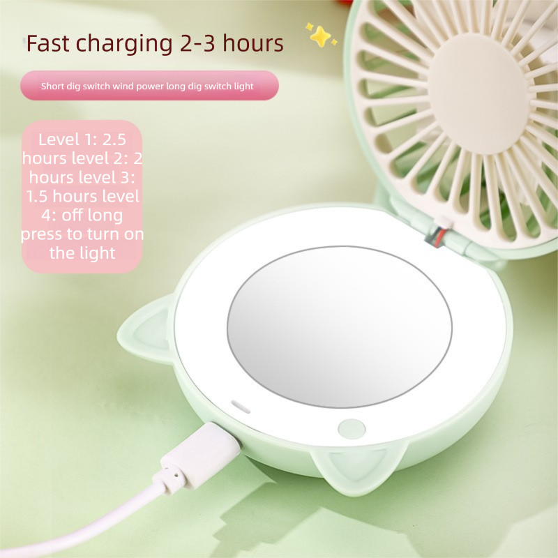 Blue 3-in-1 Mini Portable Fan with Makeup Mirror and LED Fill Light USB Rechargeable Pocket Sized Cooling Solution for Students and Local Professionals