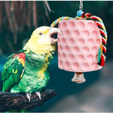 2-Pack Blue Hanging Bird Chew Toy with Bell and Rope, Ideal for Parrots, Squirrels, and Rodents – Durable Wood-Based Grinding Stone for Beak Exercise and Enrichment - Side View