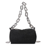 Black Mini Shoulder Bag for Women – Rhinestone-Embellished Pillow-Shaped Chain Bag with Fashionable Metal Hardware and Compact Design
