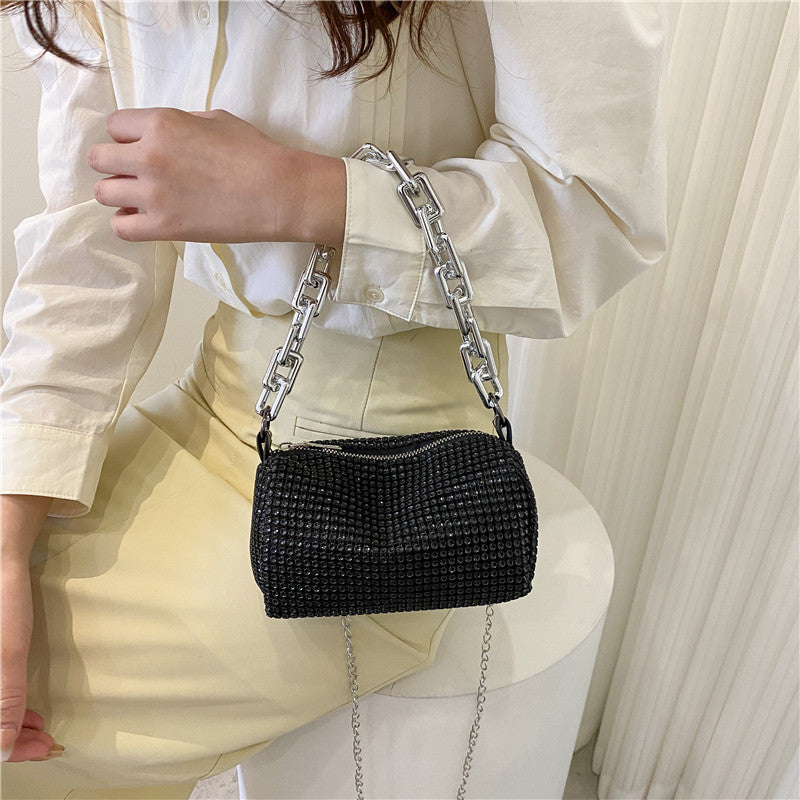 Black Mini Shoulder Bag for Women – Rhinestone-Embellished Pillow-Shaped Chain Bag with Fashionable Metal Hardware and Compact Design
