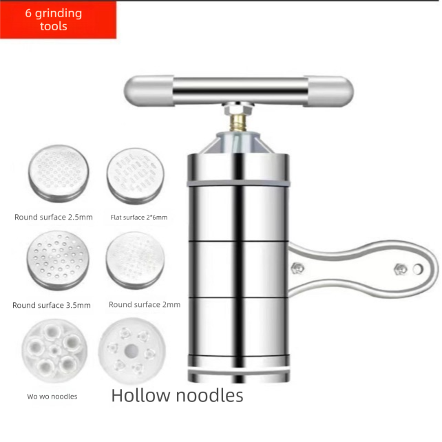 Manual Stainless Steel Noodle Maker with Interchangeable Dies for Homemade Egg Noodles Flatbread and Dumpling Wrappers – Compact Kitchen Tool(Six molds)