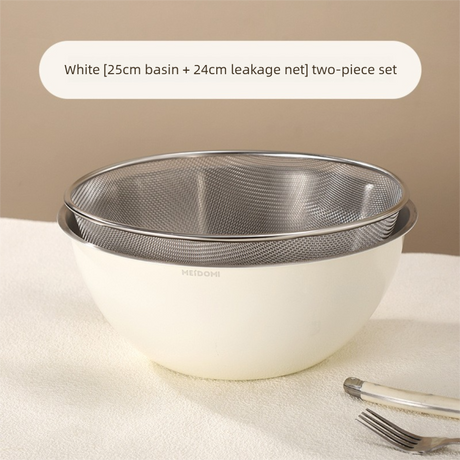 White 304 stainless steel mixing bowl set with fine-mesh colander