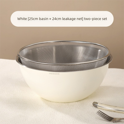 White Stainless Steel Mixing Bowl Set with Colander – Double-Layer Kitchen Basin for Salad, Washing, Mixing & Baking